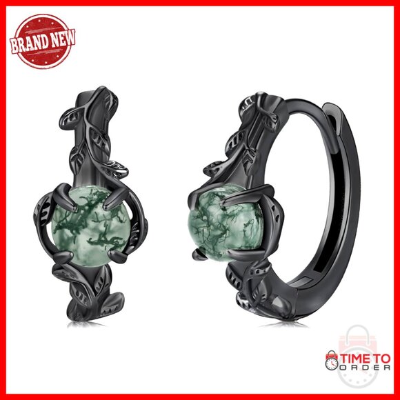 925 Sterling Silver Moss Agate Hoop Earrings Hypoallergenic Tree of Life
